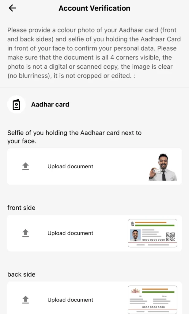 Aadhar card for account verification in India