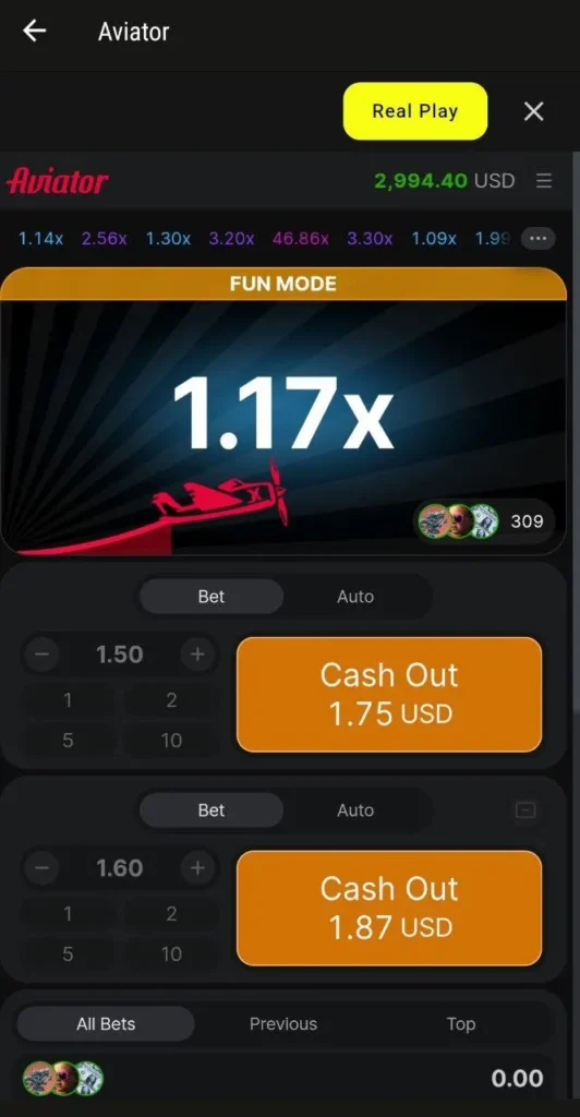 Aviator Double bet feature 